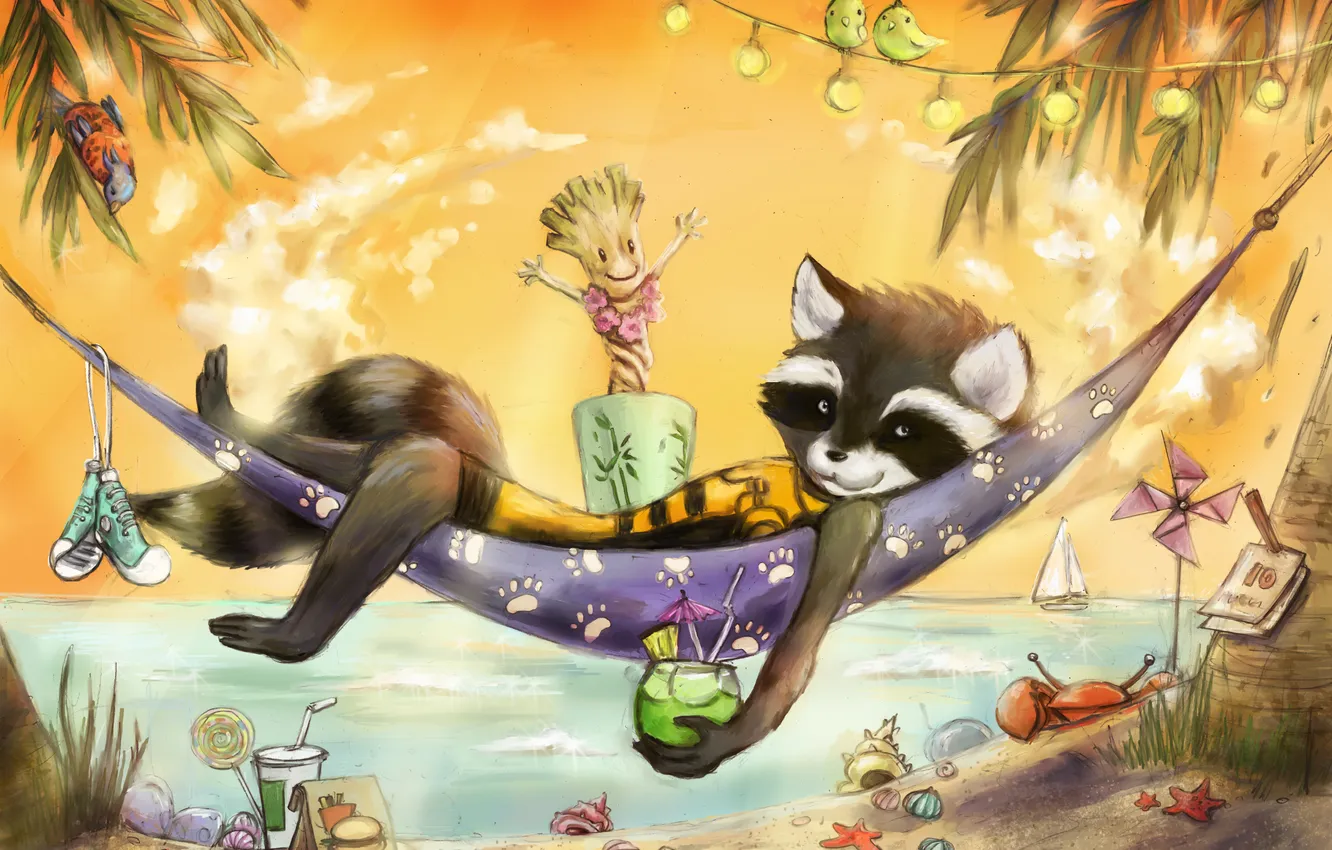 Photo wallpaper raccoon, art, Rocket, raccoon, Guardians of the Galaxy, Groot