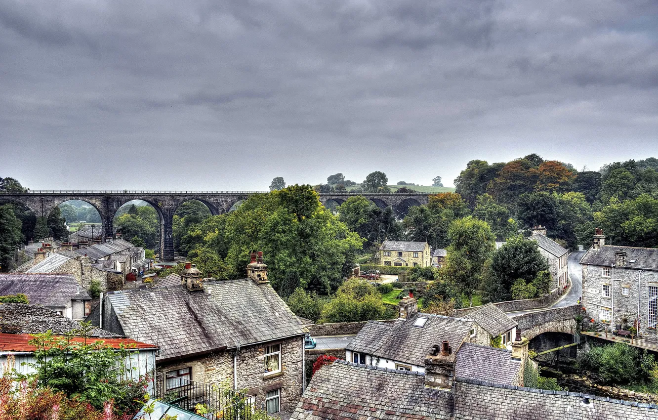 Photo wallpaper trees, bridge, HDR, home, village, UK, village, North Yorkshire