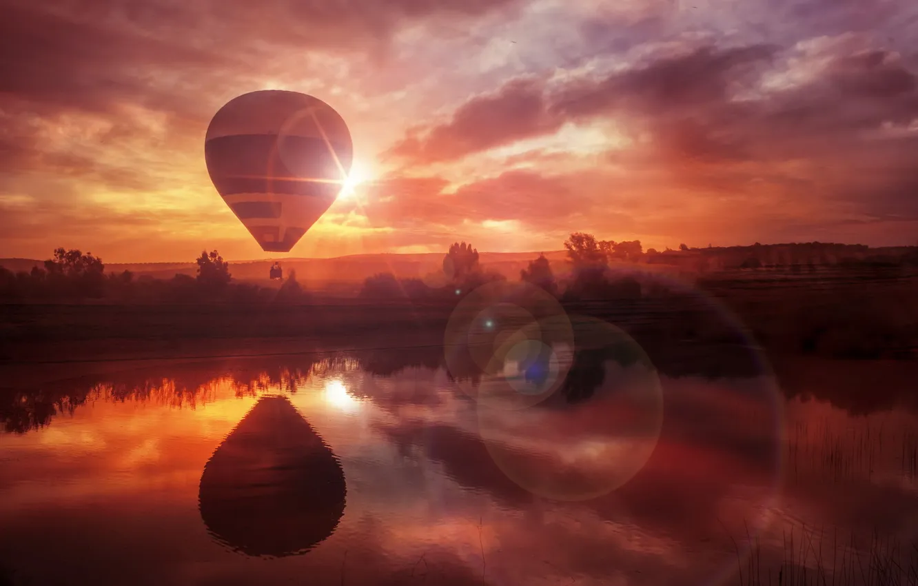 Photo wallpaper landscape, sunset, river, balls