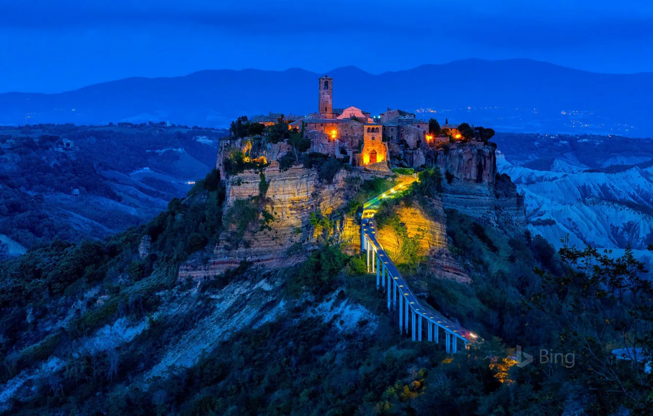 Photo wallpaper night, lights, rock, tower, village, Italy, Civita di Bagnoregio