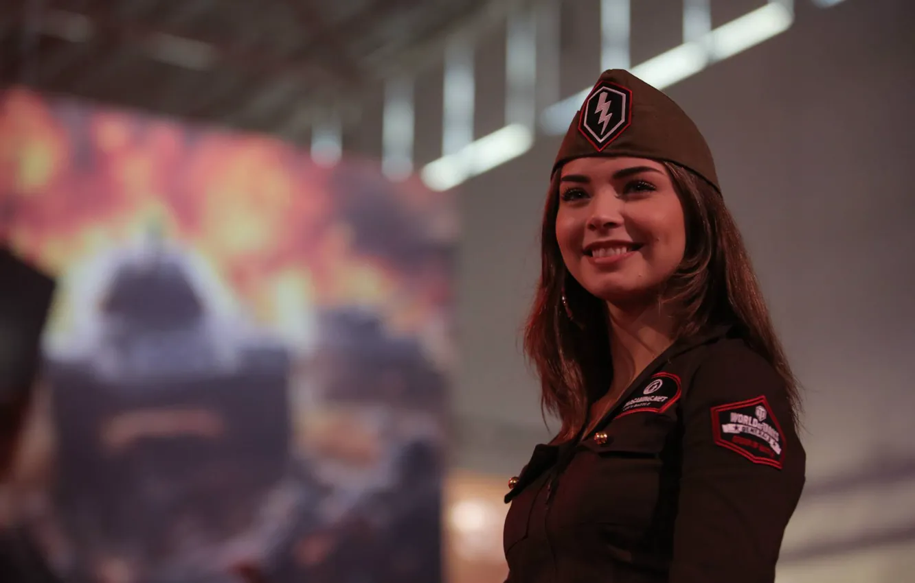 Photo wallpaper girl, smile, World of Tanks, Wargaming
