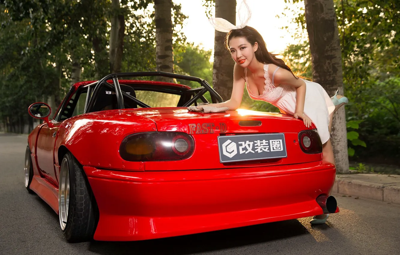 Photo wallpaper look, girl, Asian, beautiful girl, red car, posing on the car, Mazda MX5