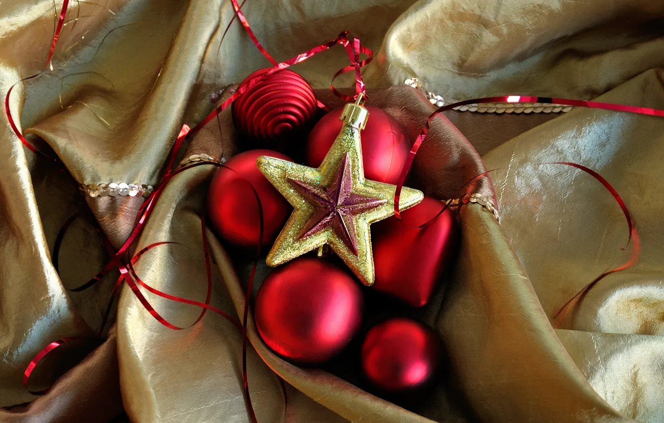 Photo wallpaper balls, balls, toys, star, New Year, red, fabric, Christmas