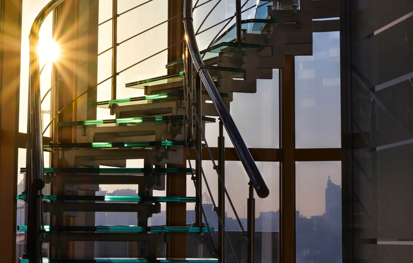 Photo wallpaper the sky, glass, the sun, rays, the city, view, ladder, office