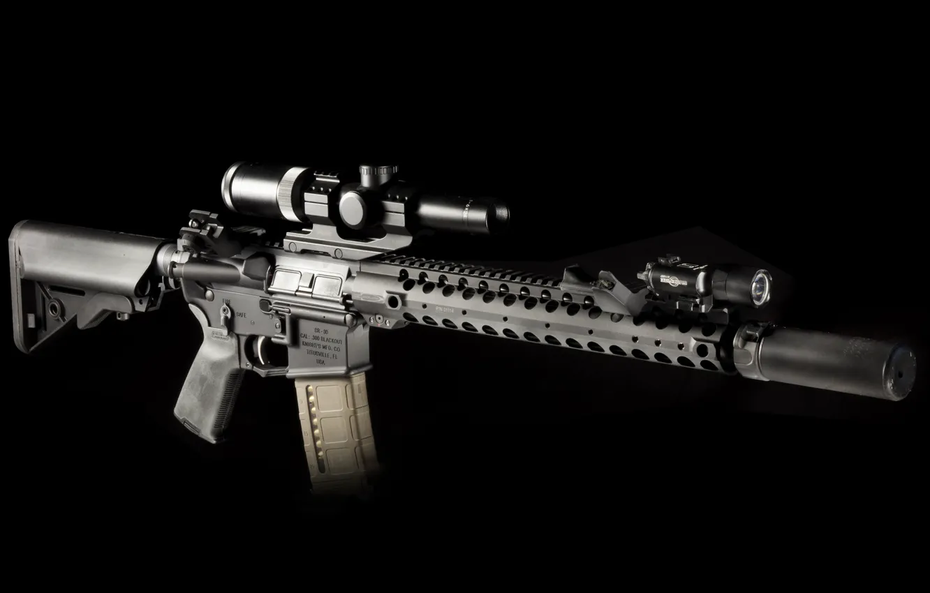 Photo wallpaper weapons, background, flashlight, optics, rifle, muffler, carabiner, assault