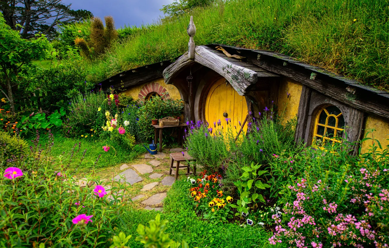 Photo wallpaper greens, grass, flowers, house, Nora, the Lord of the rings, hill, new Zealand