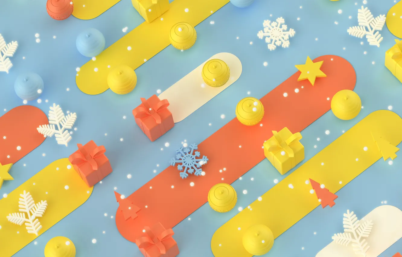 Photo wallpaper balls, snowflakes, rendering, holiday, gift, graphics, new year, texture