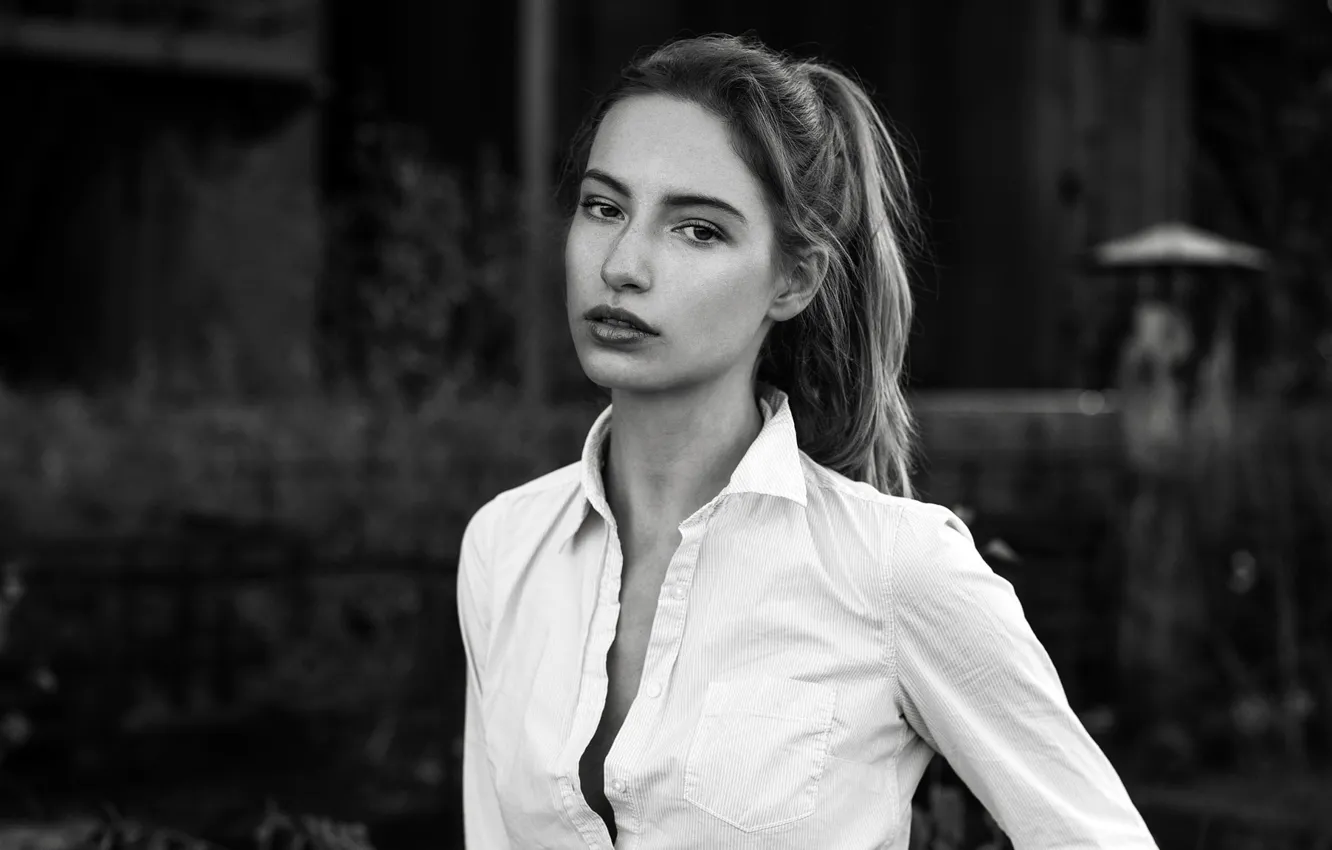 Photo wallpaper look, model, portrait, makeup, hairstyle, black and white, shirt, beauty