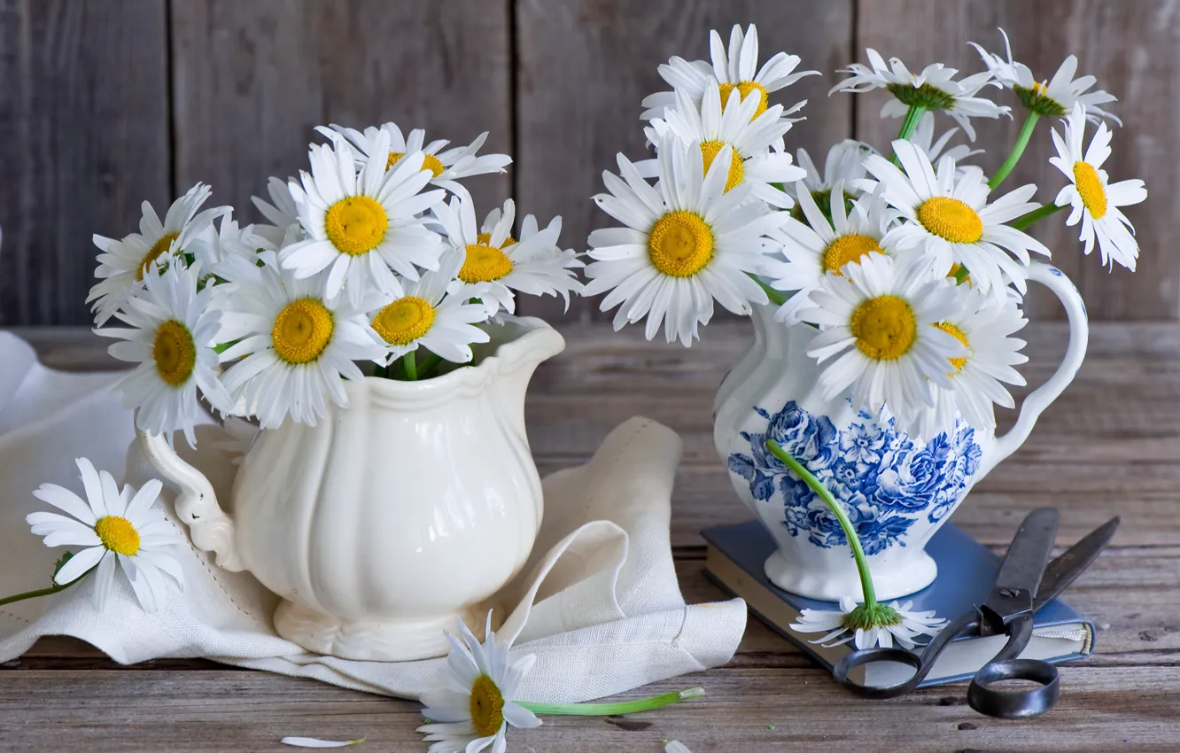 Photo wallpaper chamomile, book, still life, scissors, jug