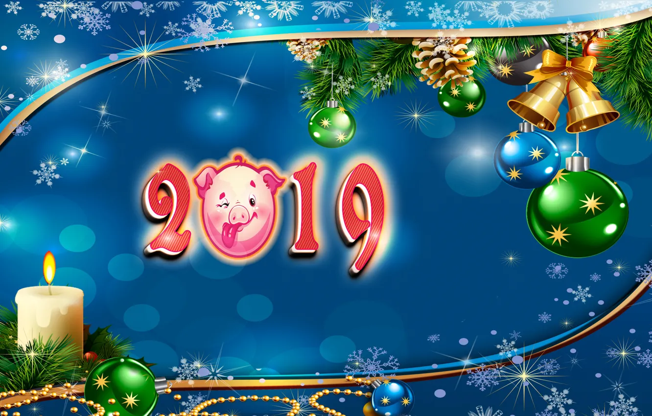 Photo wallpaper snowflakes, background, balls, candles, bells, fir-tree branches, 2019
