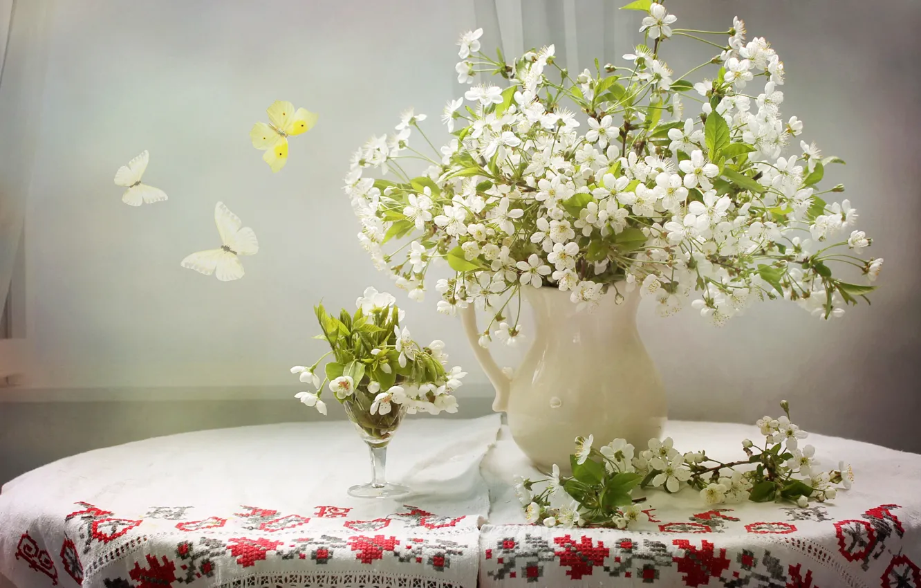 Photo wallpaper flowers, table, butterfly, glass, vase, white, tablecloth