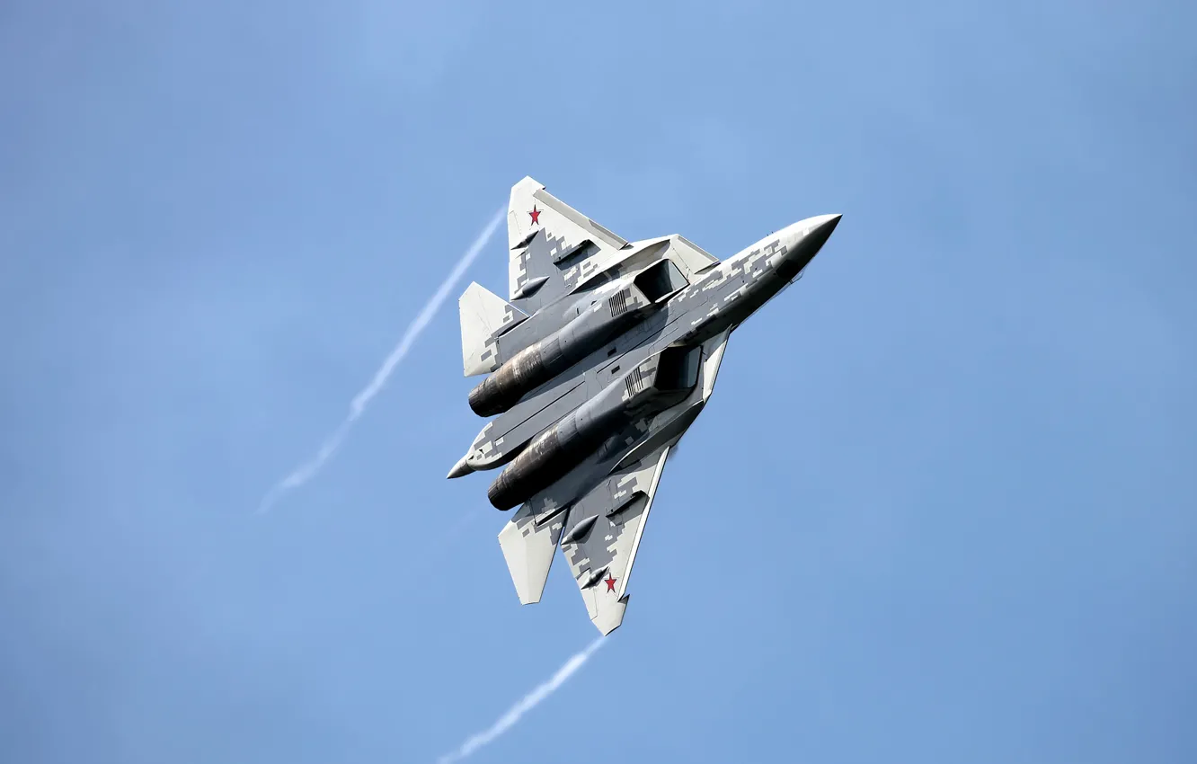 Photo wallpaper flight, T-50, PAK FA, VIDEOCONFERENCING, Su-57, Su-57, the fifth generation aircraft