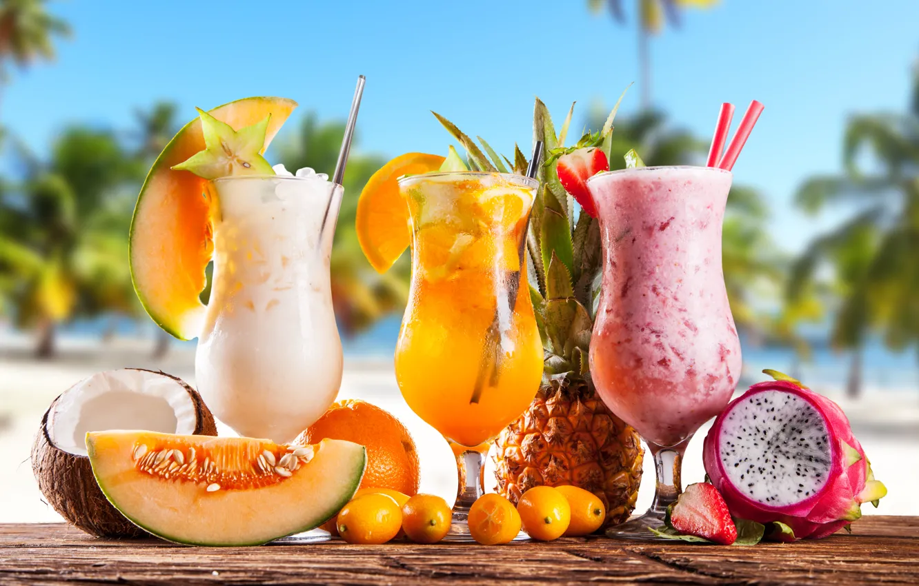 Photo wallpaper sea, beach, cocktail, summer, fruit, beach, fresh, sea