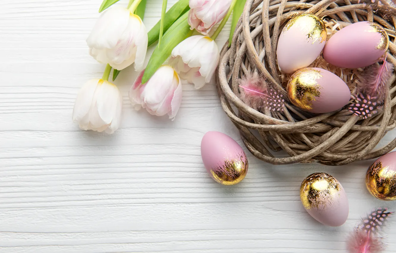 Photo wallpaper flowers, eggs, spring, Easter, tulips, pink, flowers, tulips