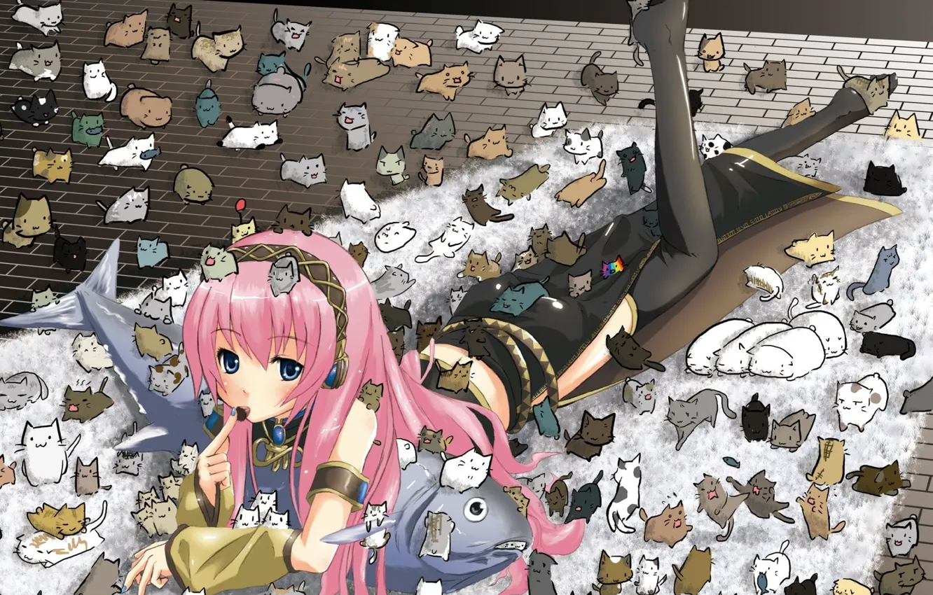 Photo wallpaper cat, carpet, fish, kitty, vocaloid, megurine luka, Vocaloid, a lot