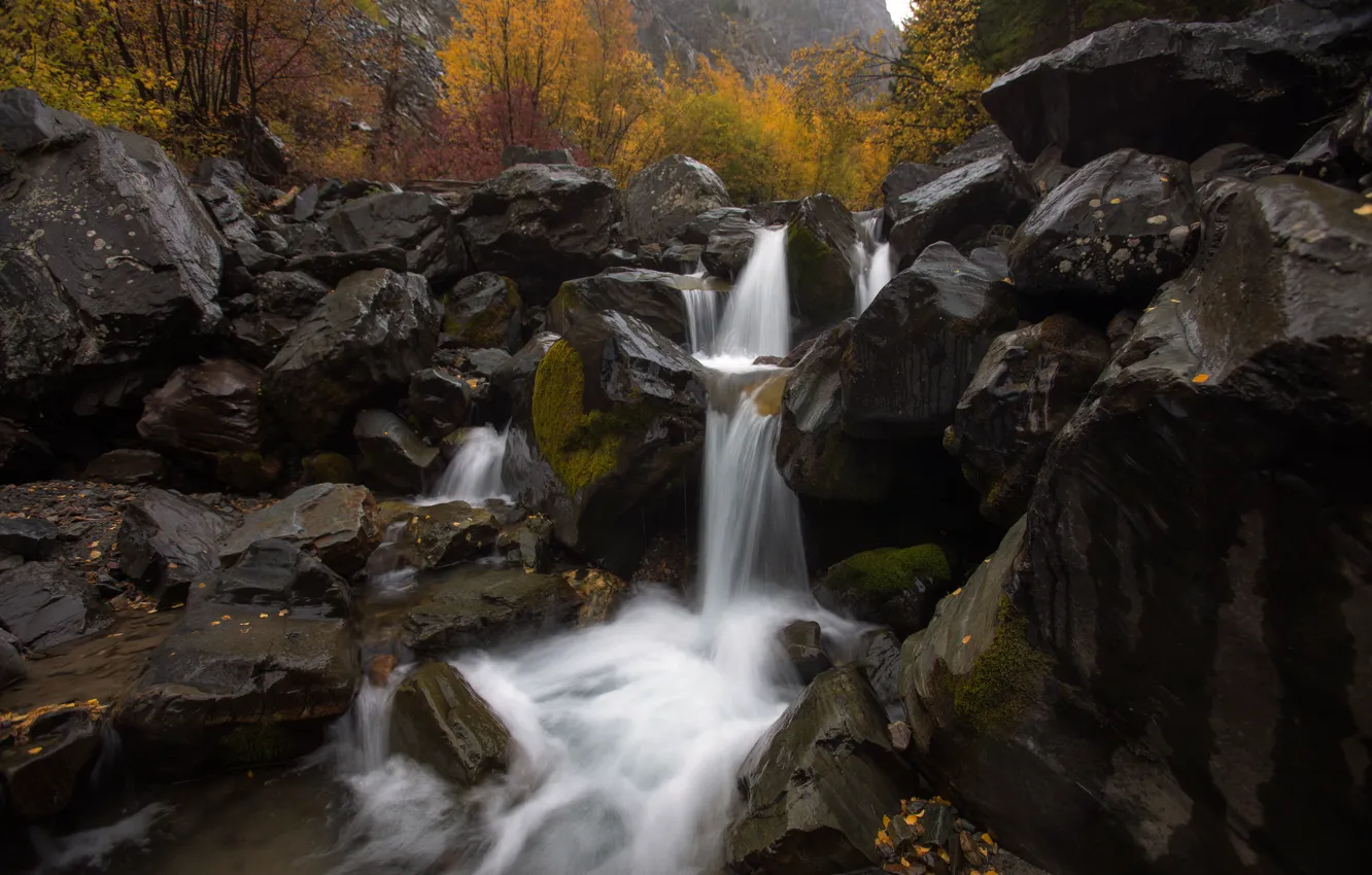 Photo wallpaper autumn, stones, waterfall