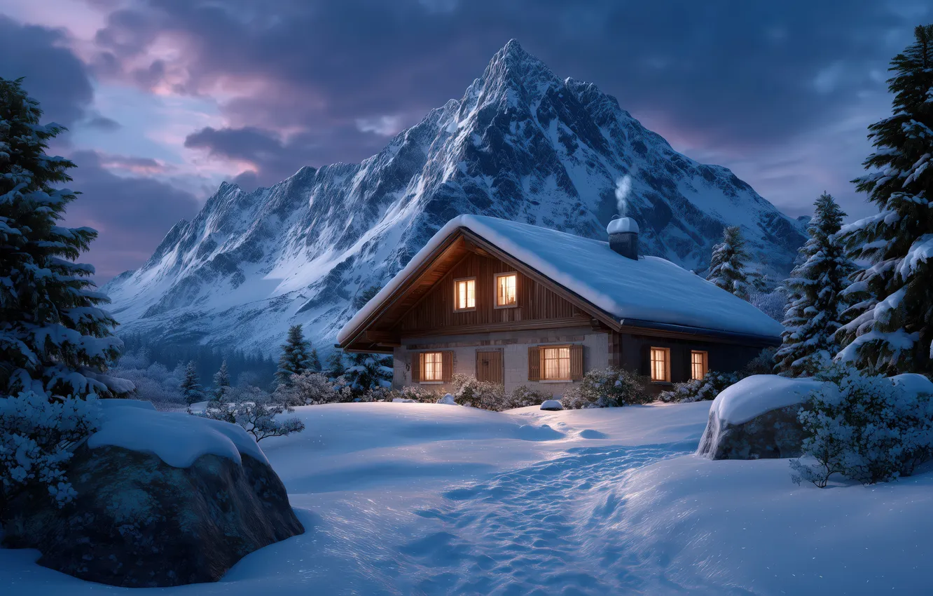 Photo wallpaper winter, frost, road, field, forest, the sky, clouds, light