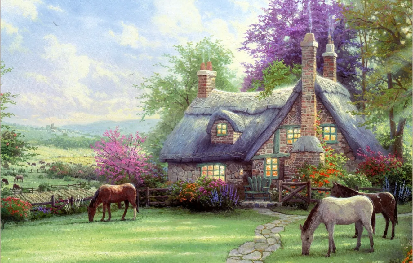 Photo wallpaper nature, house, horses, house, painting, Thomas Kinkade, painting, horse