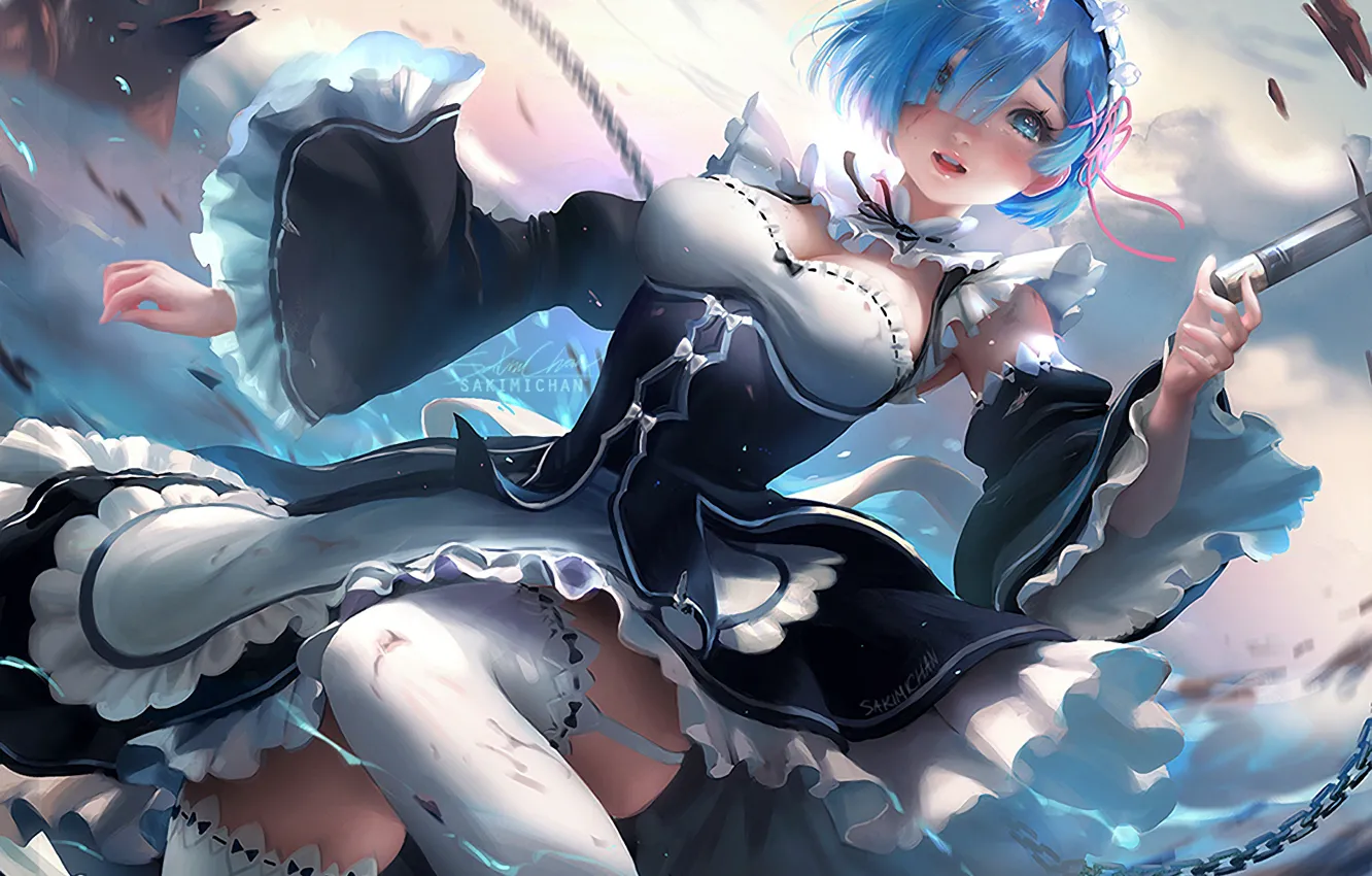 Photo wallpaper girl, anime, art, sakimichan, Rem, re zero kara hajime chip isek or seikatsu