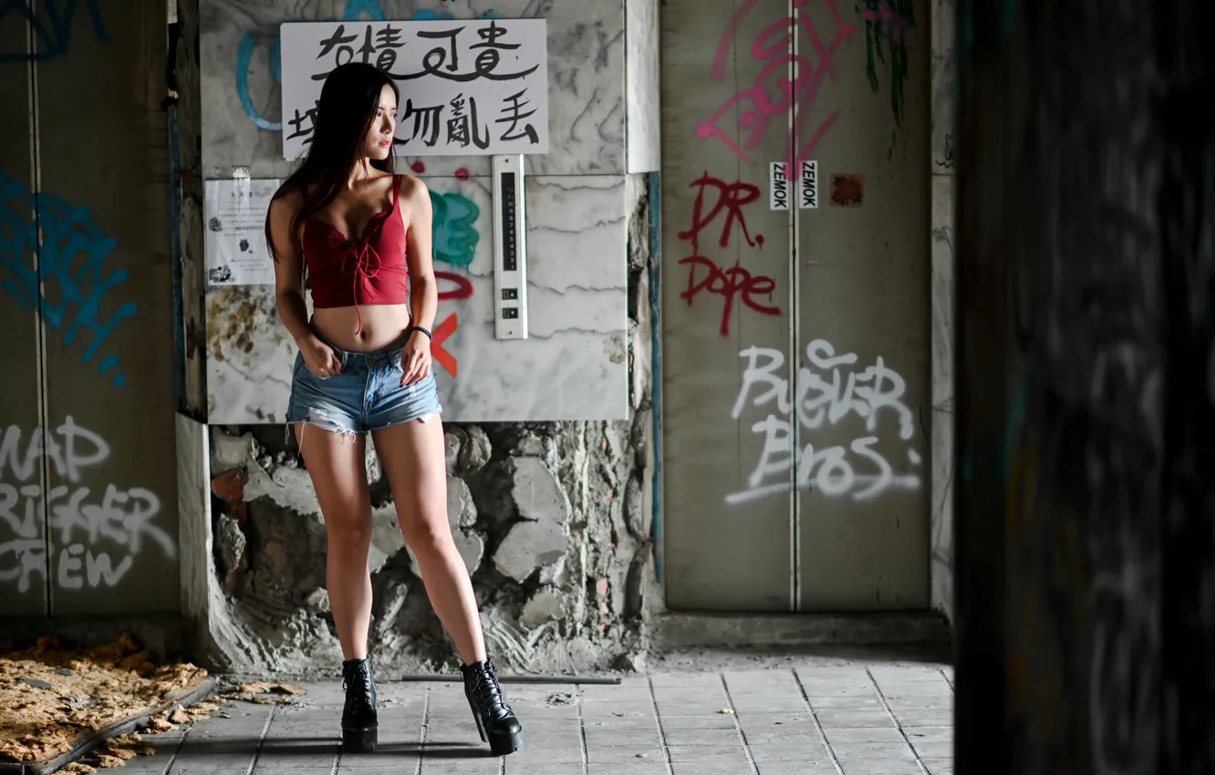 Photo wallpaper dark, long hair, model, women, asian