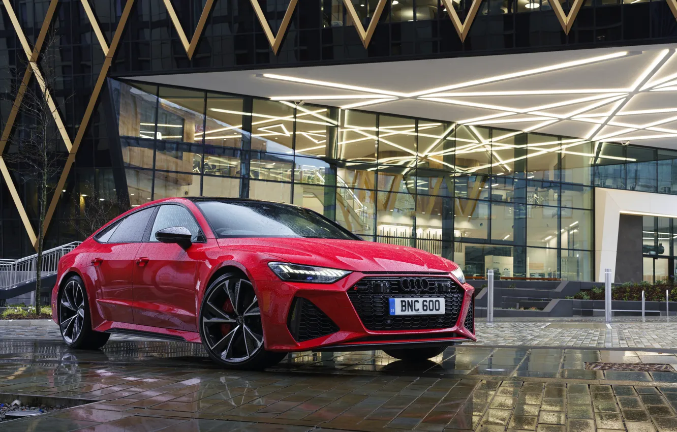 Photo wallpaper red, Audi, dampness, RS 7, 2020, UK version, RS7 Sportback
