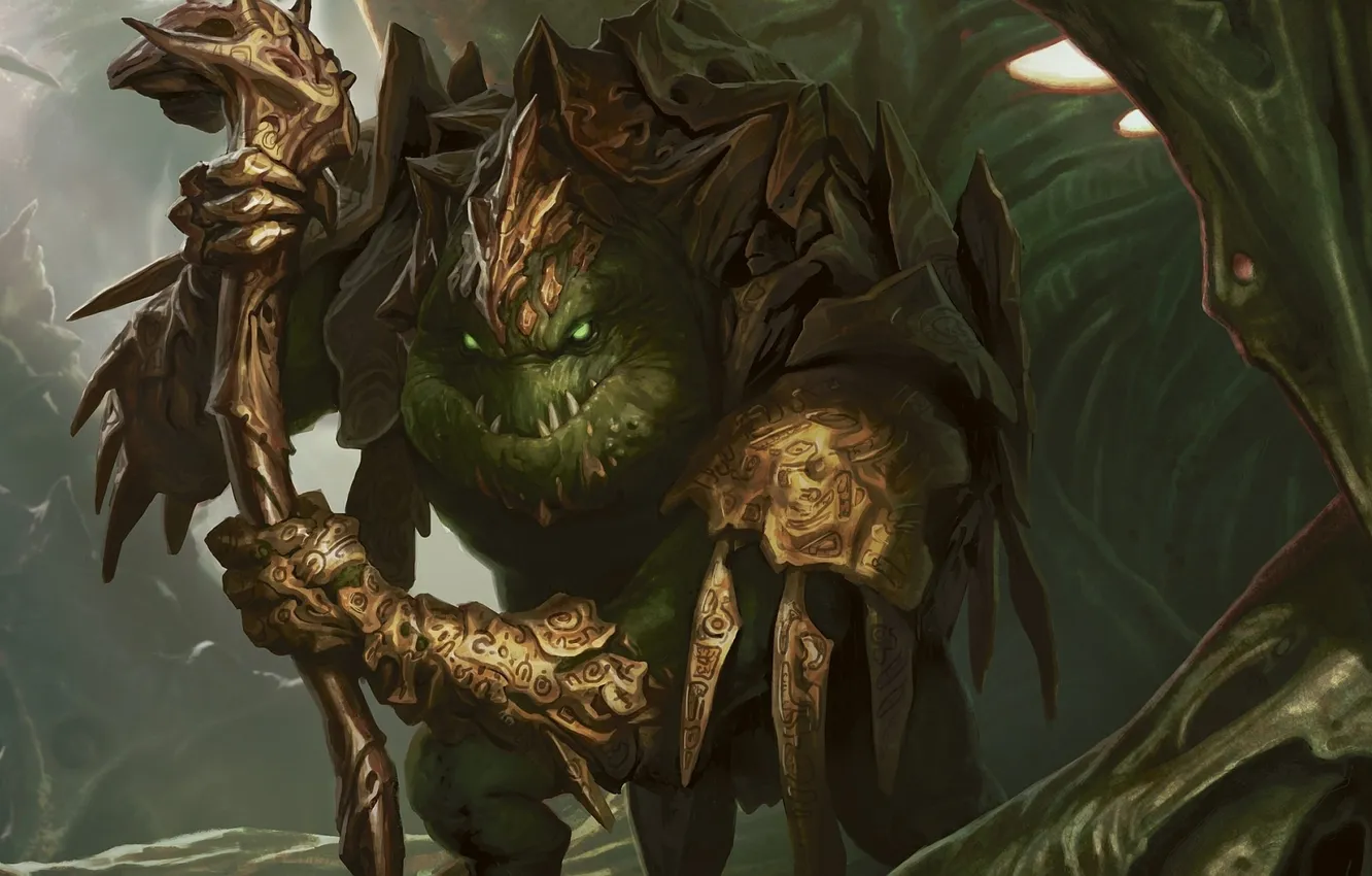 Photo wallpaper monster, armor, art, fangs, staff, cave, runes