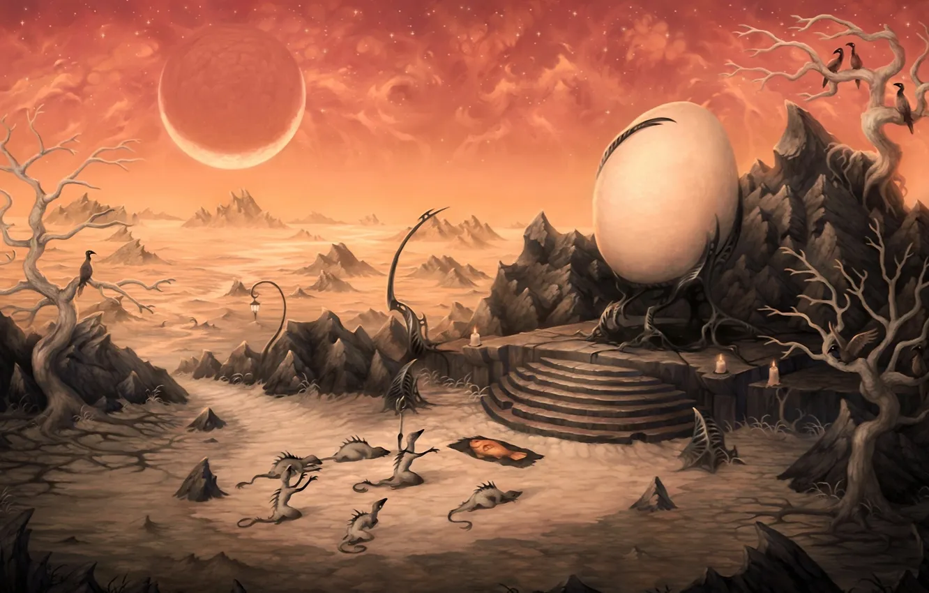 Photo wallpaper trees, bird, planet, eggs, candles, art, the throne, worship