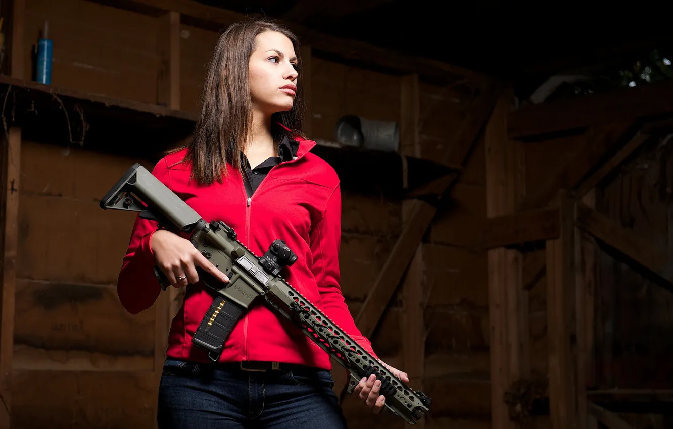 Photo wallpaper girl, weapons, the barn, assault rifle