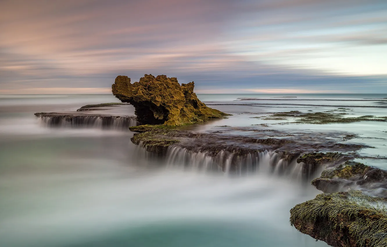Photo wallpaper sea, the sky, clouds, rocks, tide, green dragon