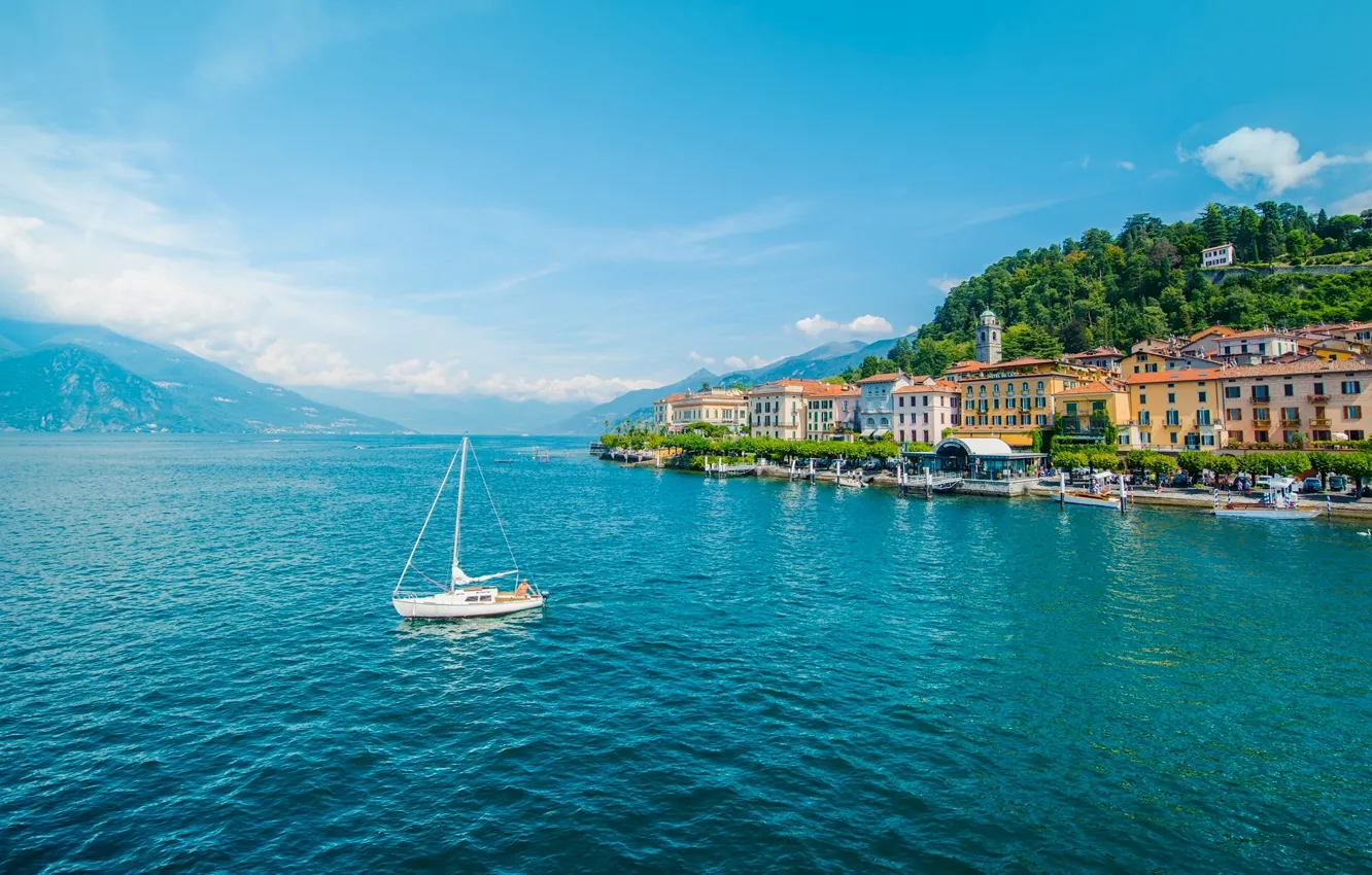 Photo wallpaper mountains, lake, building, yacht, Italy, promenade, Italy, lake Como