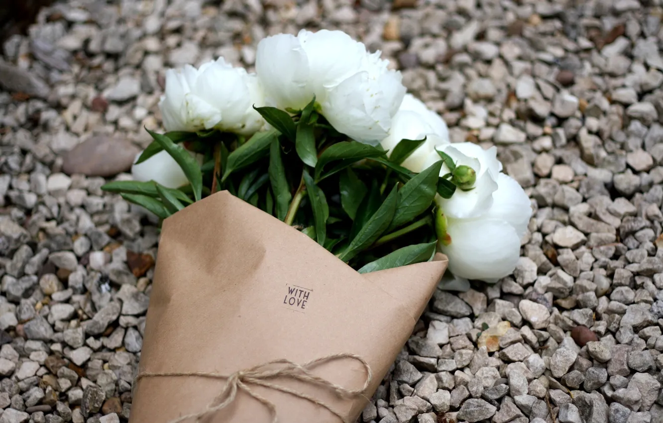 Photo wallpaper flowers, bouquet, white, gravel, peonies, with love