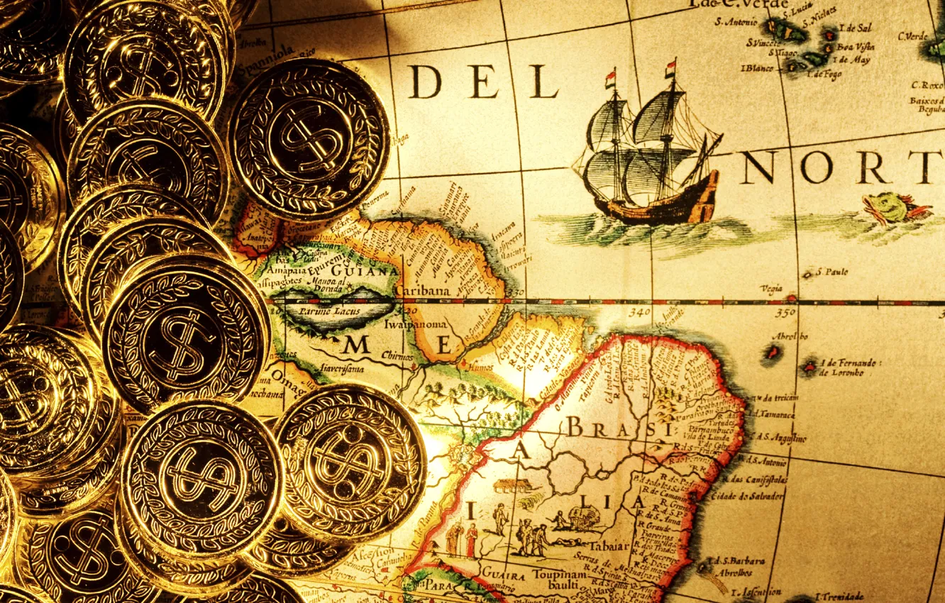 Photo wallpaper gold, map, money, wallpaper, pirates, coins