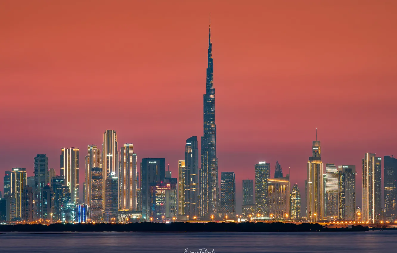 Photo wallpaper Sunset, The evening, Skyscrapers, Dubai, Arab Emirates, crimson sky, Evgeni Fabis, Dubay