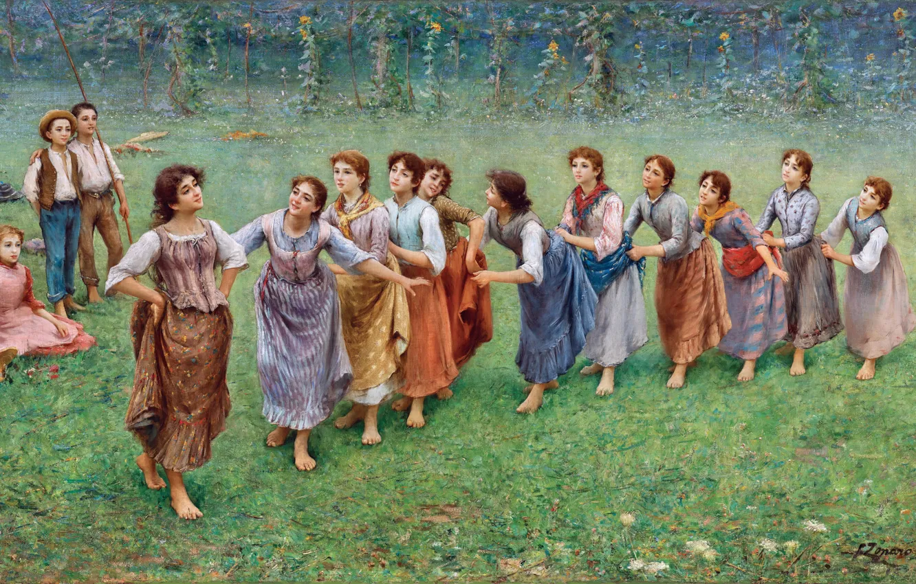 Photo wallpaper Girls, Grass, Picture, Fausto Zonaro, Fausto Zonaro, Italian artist, The Devil's Tail