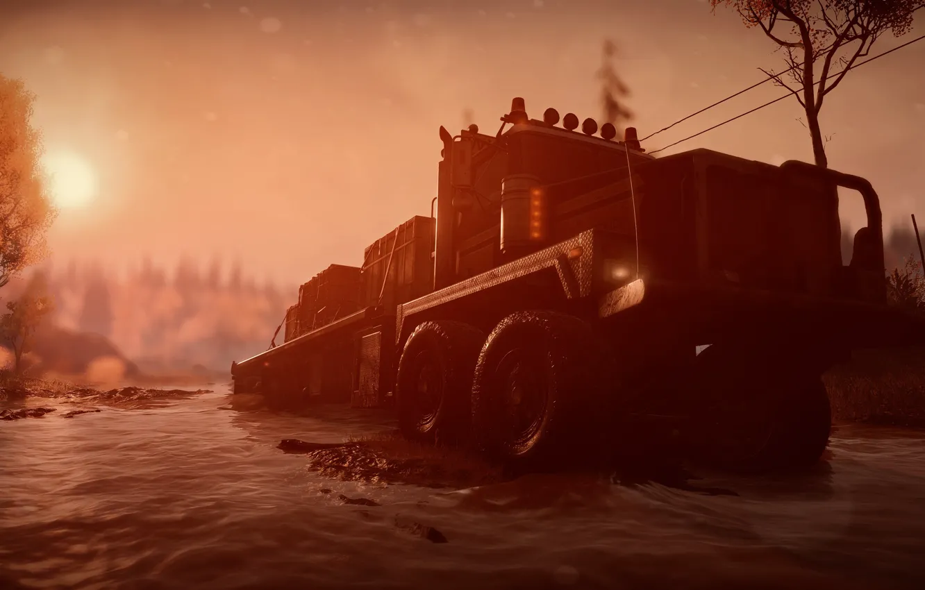 Photo wallpaper lights, HDR, sunshine, game, trees, water, truck, mud
