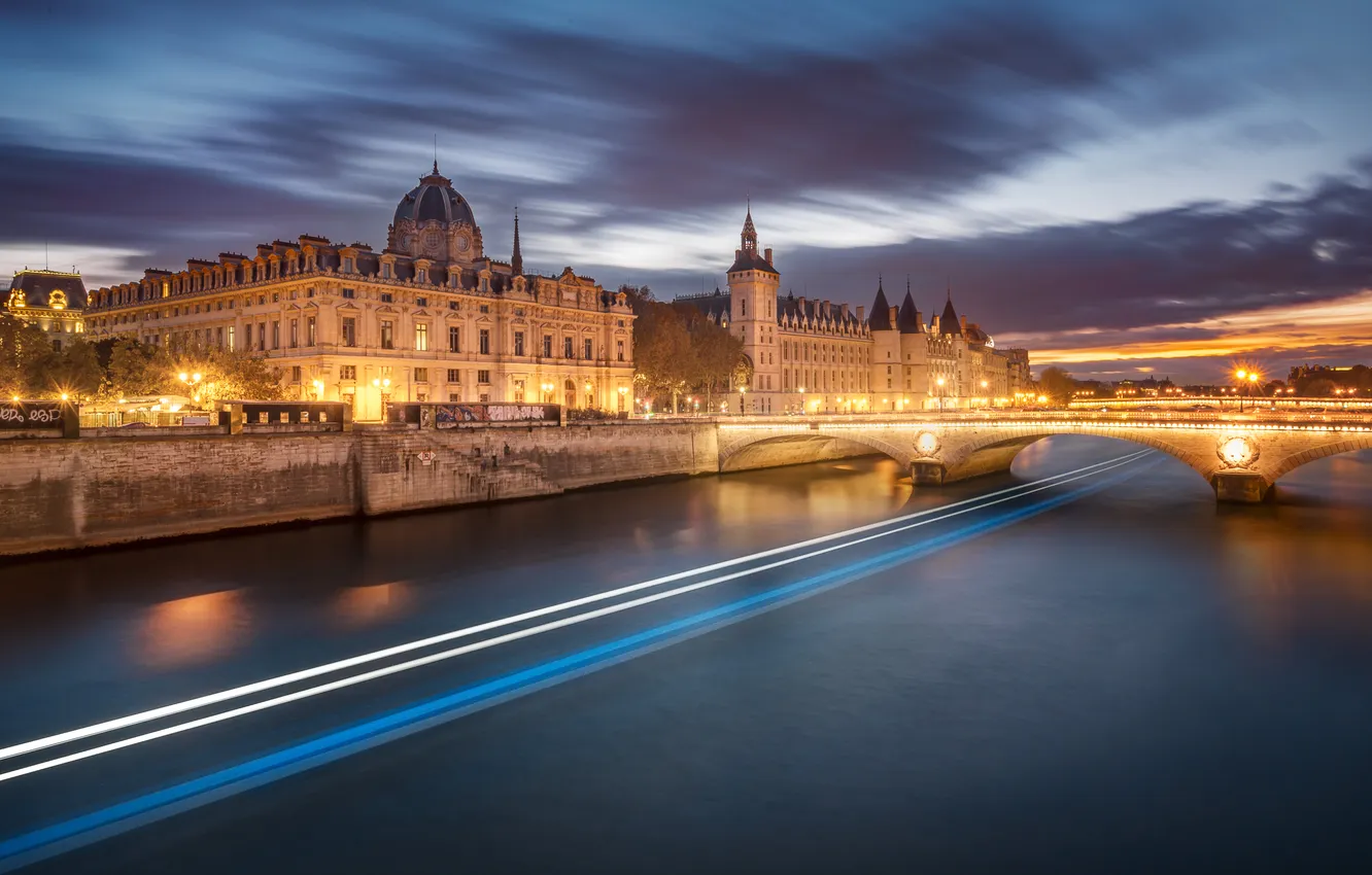 Photo wallpaper clouds, light, clouds, bridge, the city, strip, river, shore