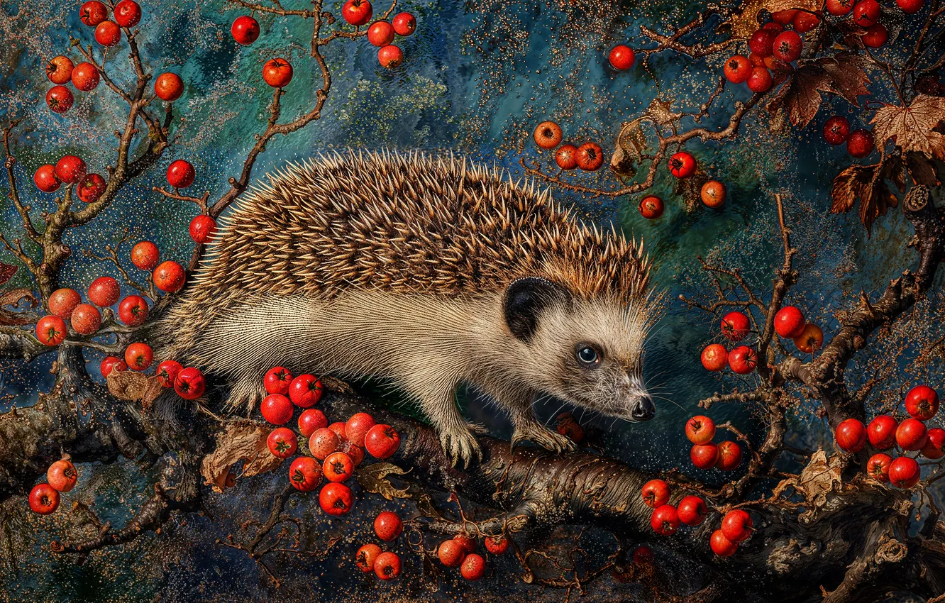 Photo wallpaper berries, fruit, hedgehog, AI art, neural network