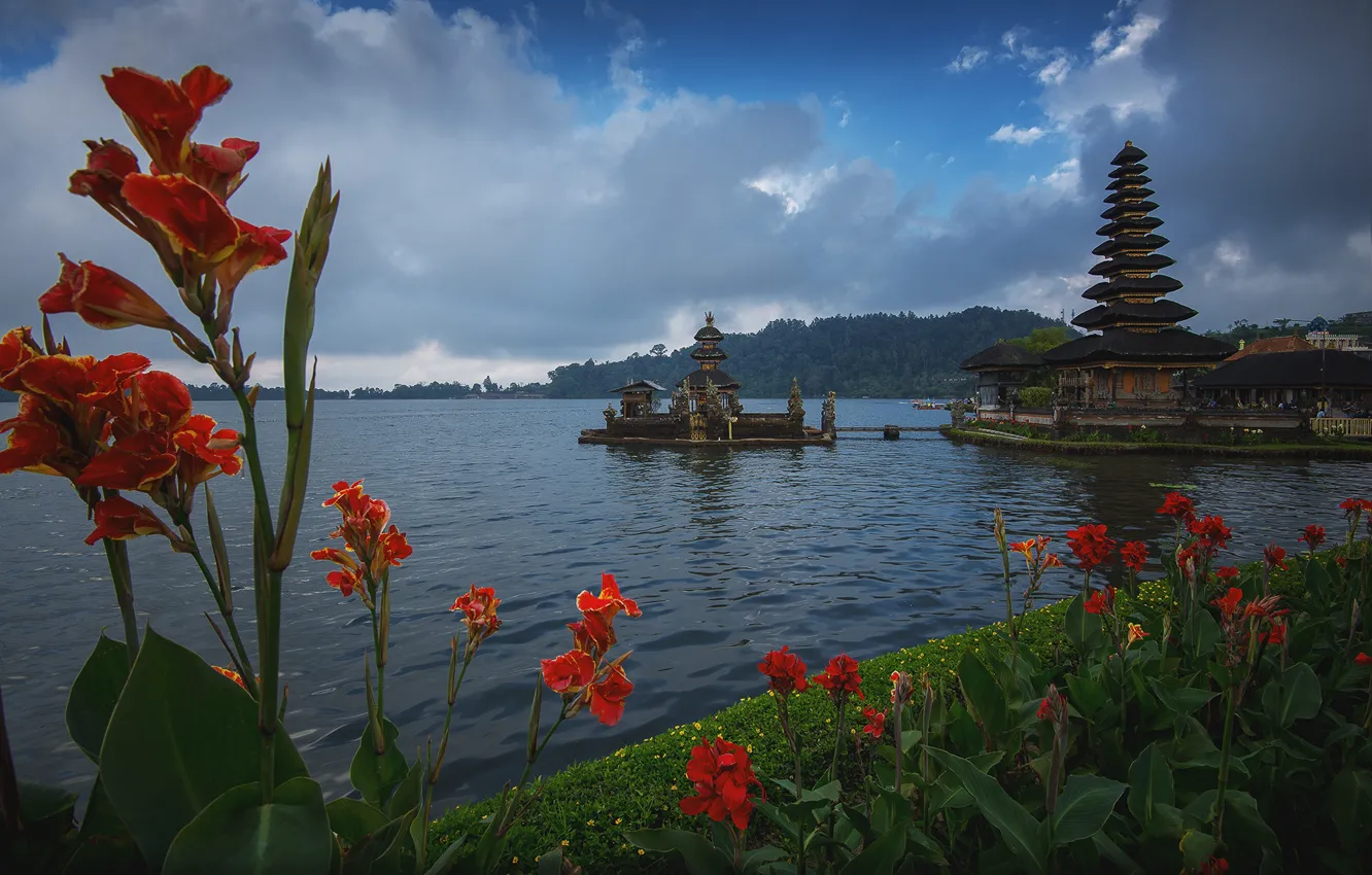Photo wallpaper clouds, landscape, flowers, lake, shore, Bali, Indonesia, temple