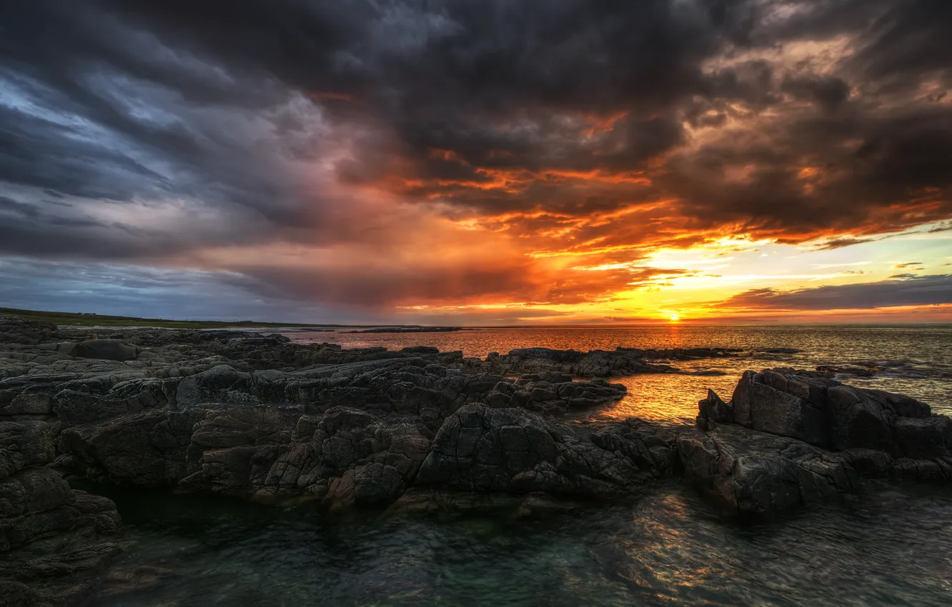 Photo wallpaper sea, beach, sunset, stones, Ireland, County Donegal