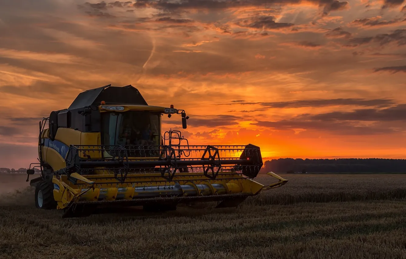 Photo wallpaper field, sunset, harvester