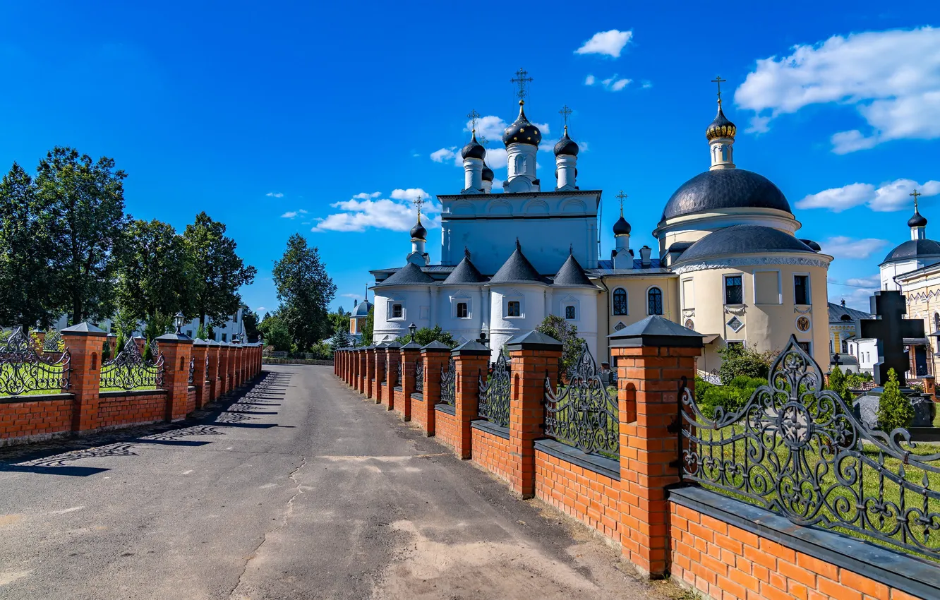 Photo wallpaper road, the fence, Church, Russia, the monastery, Moscow oblast, The Monastery of the Ascension of …