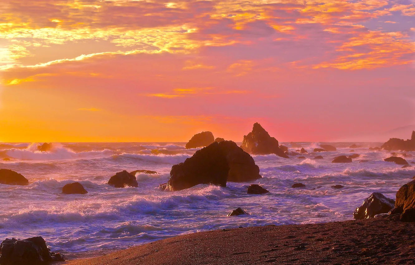 Photo wallpaper sea, wave, the sky, sunset, rocks, shore, horizon
