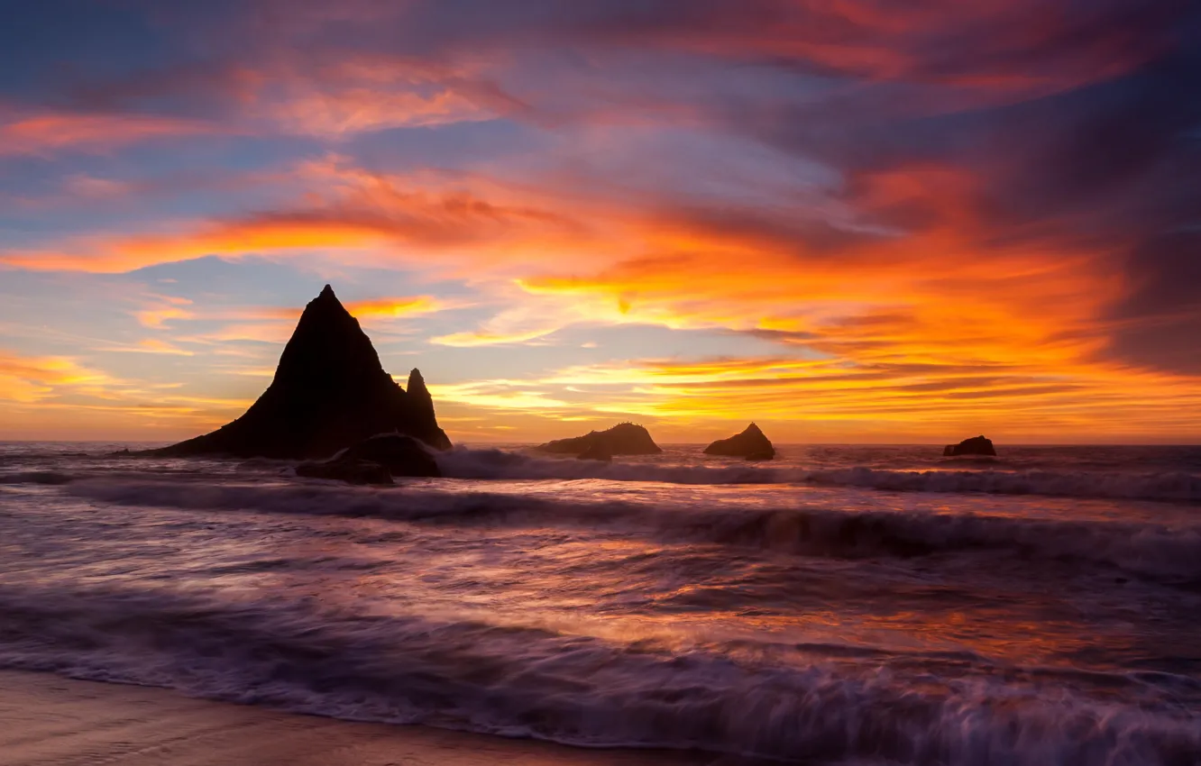 Photo wallpaper colors, beach, sky, sea, coast, sunset, rocks, shore