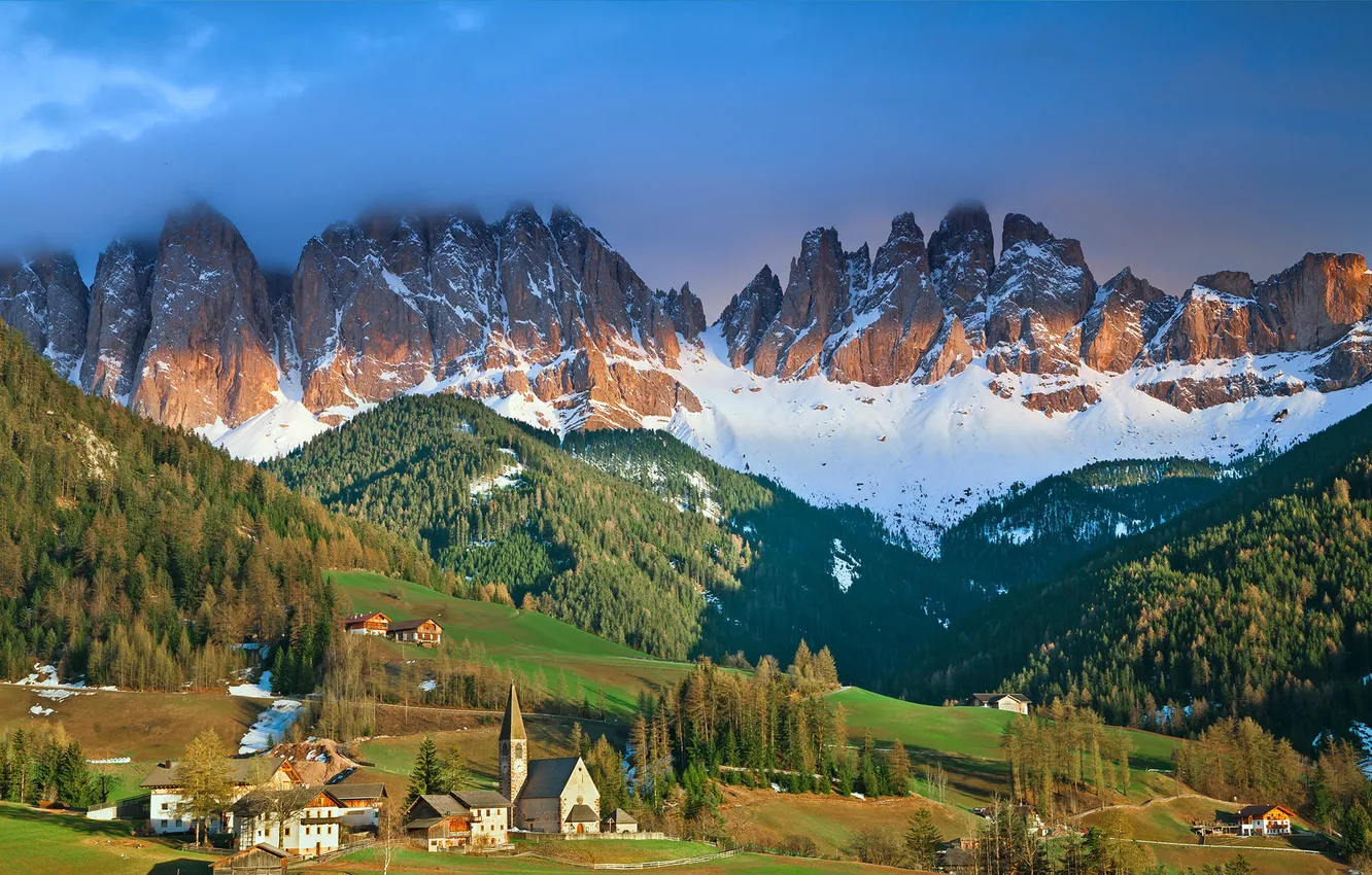 Photo wallpaper the sky, grass, clouds, snow, mountains, home, valley, Church