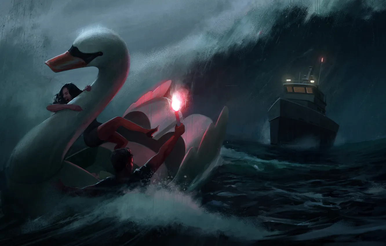 Photo wallpaper sea, storm, rain, ship, swans, wrong fire