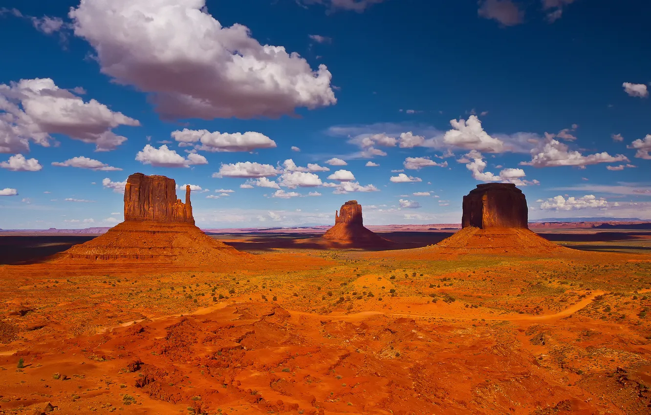 Photo wallpaper the sky, clouds, rocks, desert, USA, Monument valley
