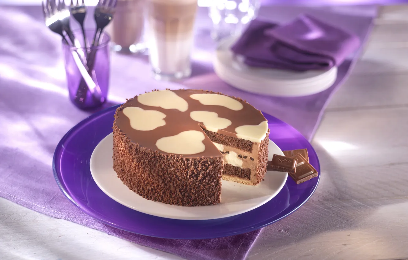 Photo wallpaper food, chocolate, plate, cake, plug, dessert, Milka