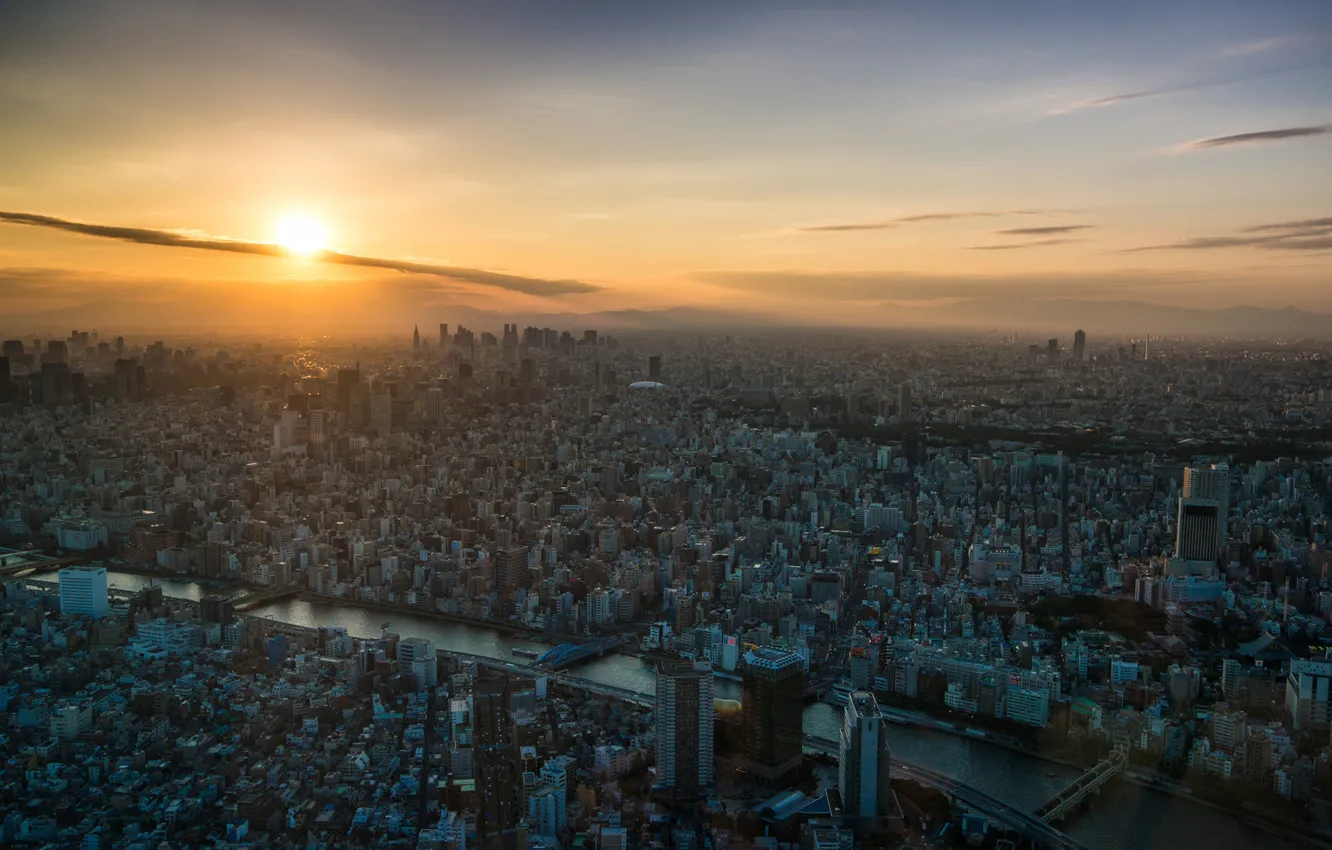 Photo wallpaper city, sunset, building