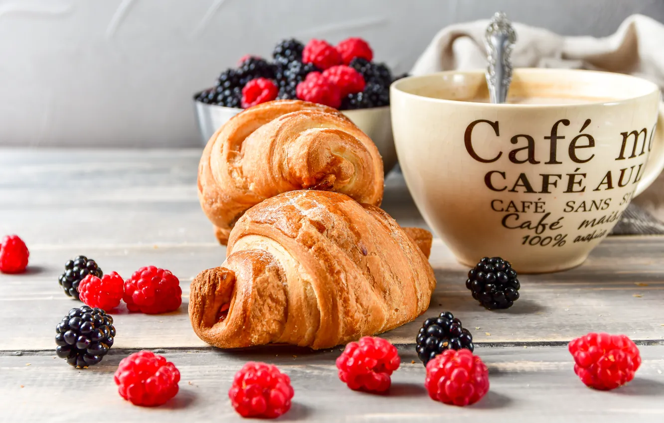Photo wallpaper berries, coffee, Cup, croissant