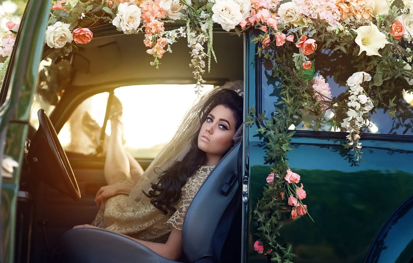 Photo wallpaper auto, girl, flowers, brunette, the bride